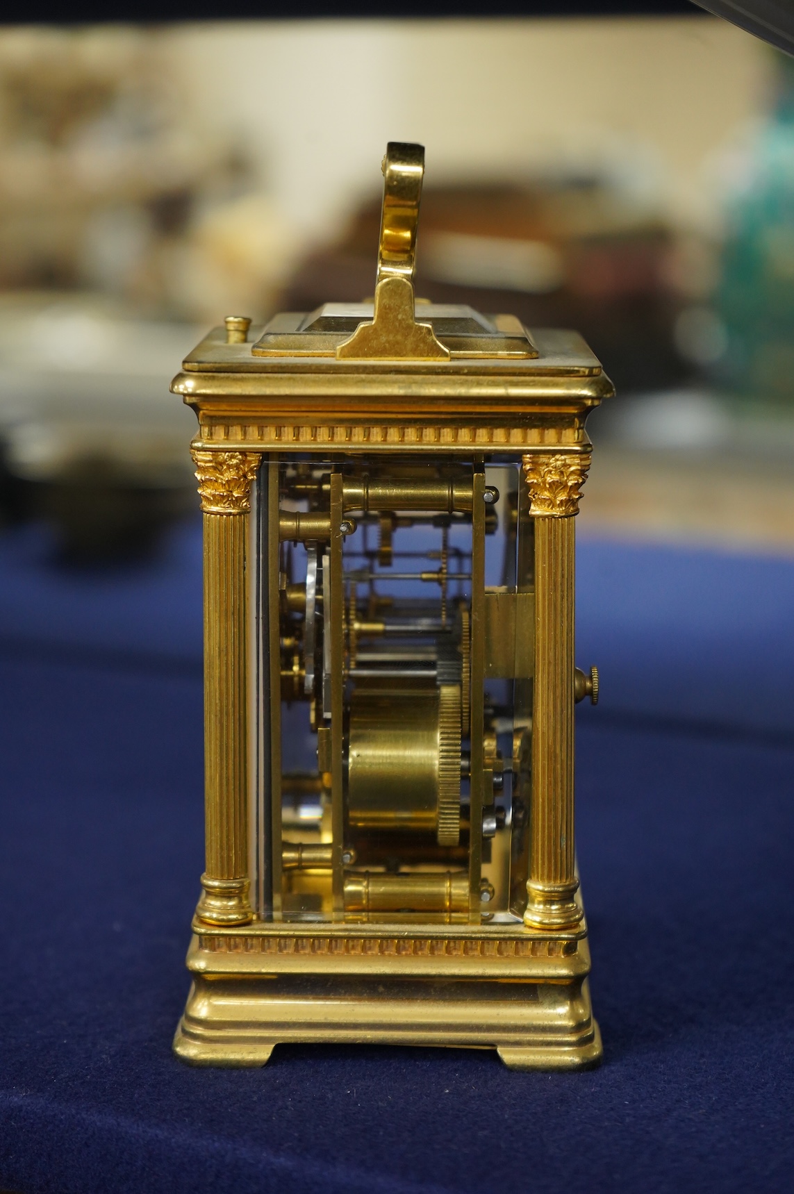An early 20th century French brass carriage clock, gong-striking with repeat, 13cm high, 16.5cm high